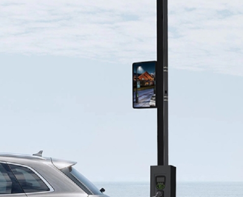evcp4 is a smart electric vehicle charging pole that integrates LED lights, advertising screens and electric vehicle chargers.